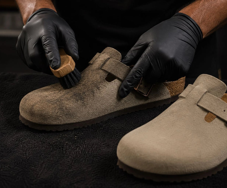 Birkenstock suede clog being cleaned by hand at The Sneaker Shack