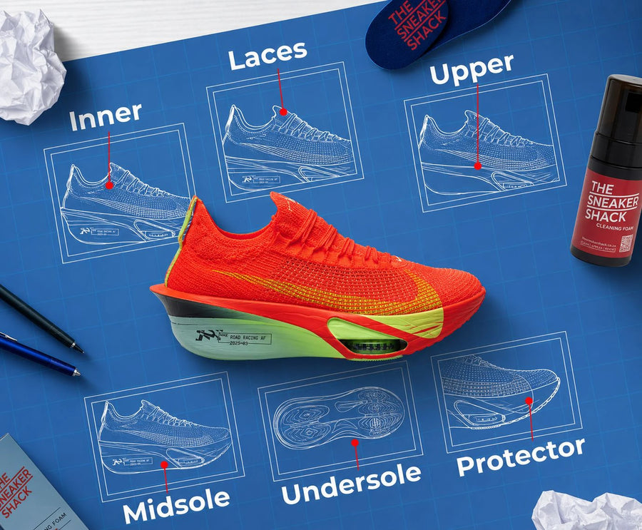 Running shoe cleaning by The Sneaker Shack, showing the upper, laces, midsole and undersole