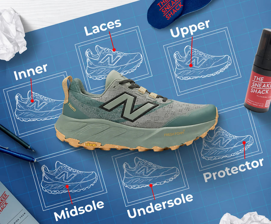 Trail running shoe cleaning by The Sneaker Shack, showing the upper, laces, midsole, undersole and protector