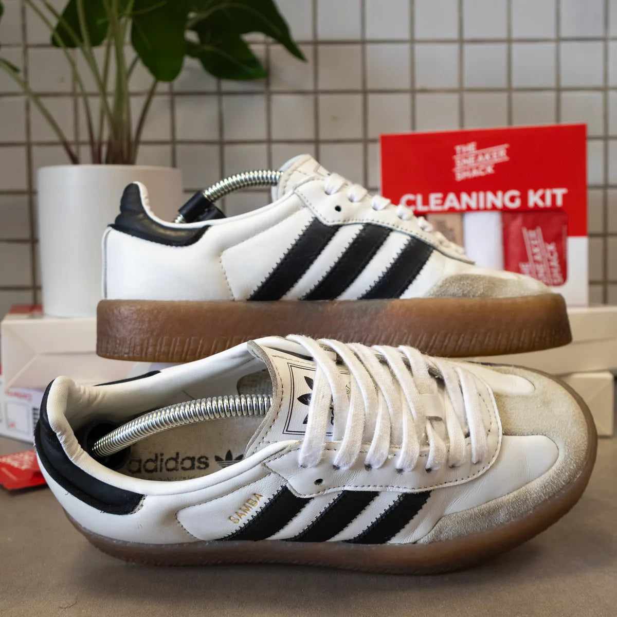 Freshly cleaned white adidas Samba at The Sneaker Shack