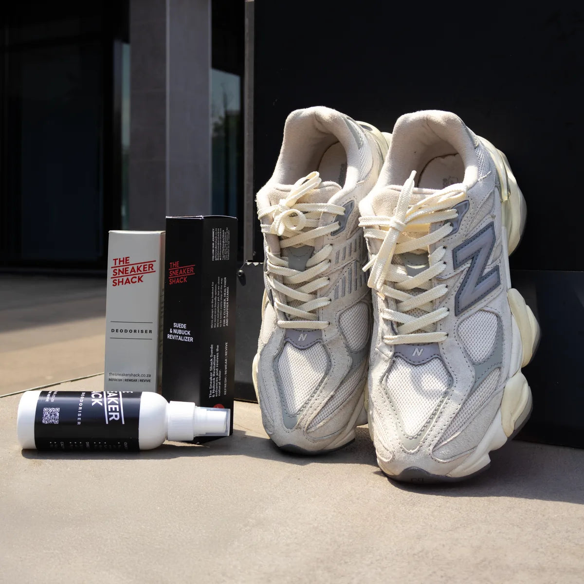 Restored white New Balance 9060 at The Sneaker Shack
