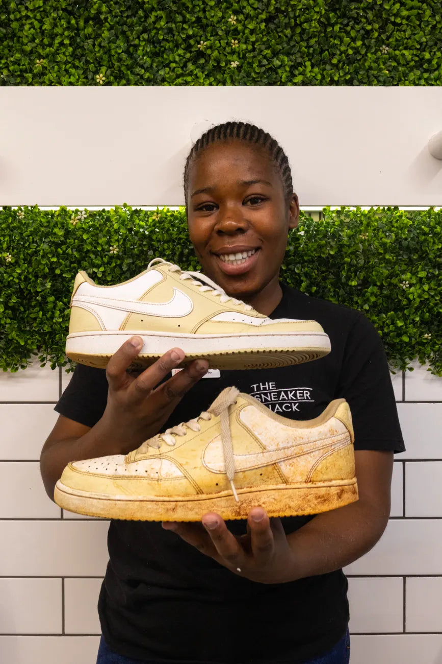 A happy customer with sneakers restored by The Sneaker Shack